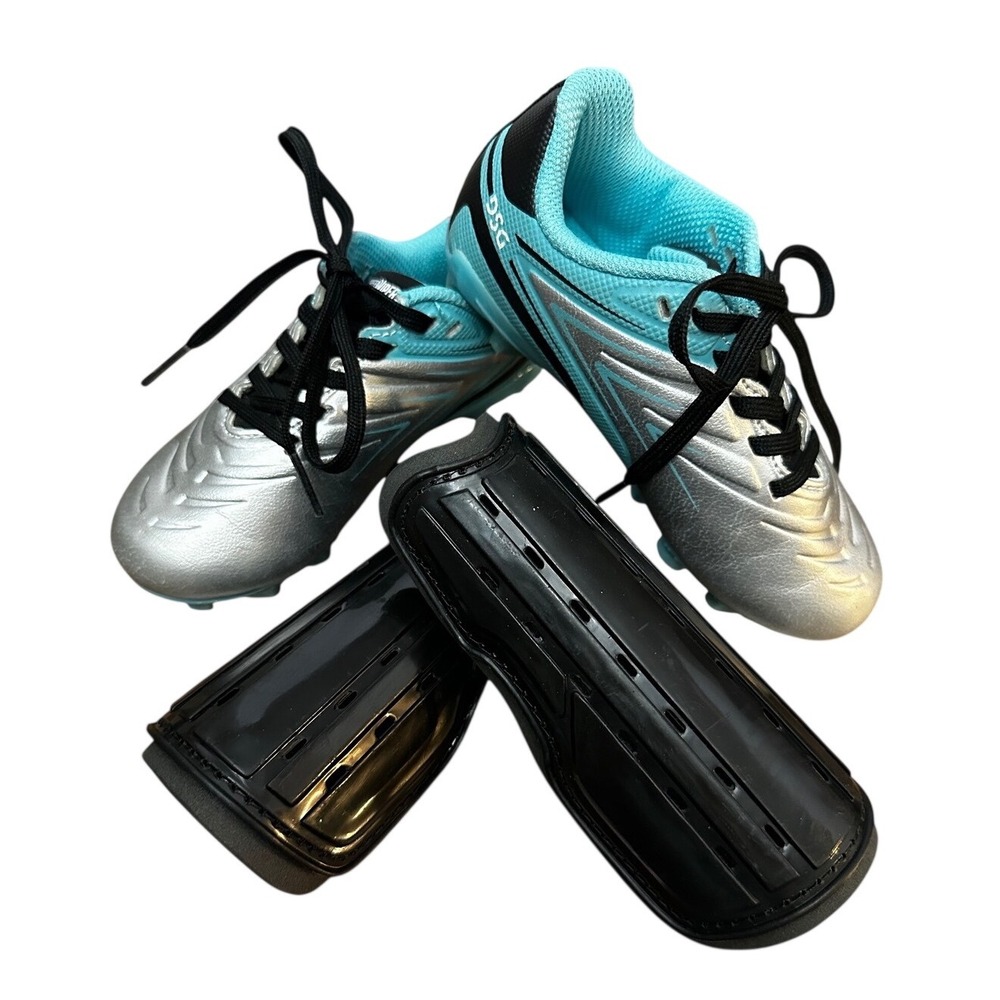 DSG Speed Viper 2.0 Youth Soccer Cleats Silver Teal 10K with Shin Guards Set